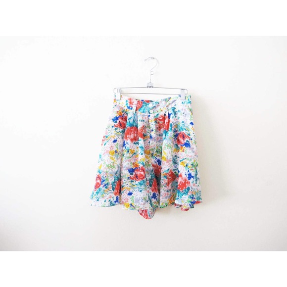 Vintage 90s Floral High Waist Shorts S M - 1990s Skort Mini Skirt Elastic Waist - Picture 6 of 7